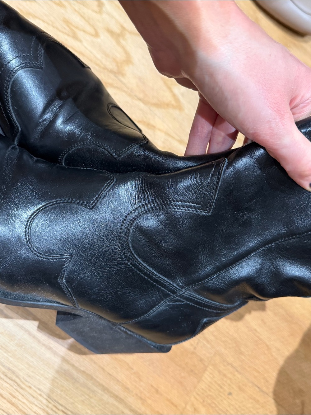 Zara Black Leather Western-Stitched Boots
